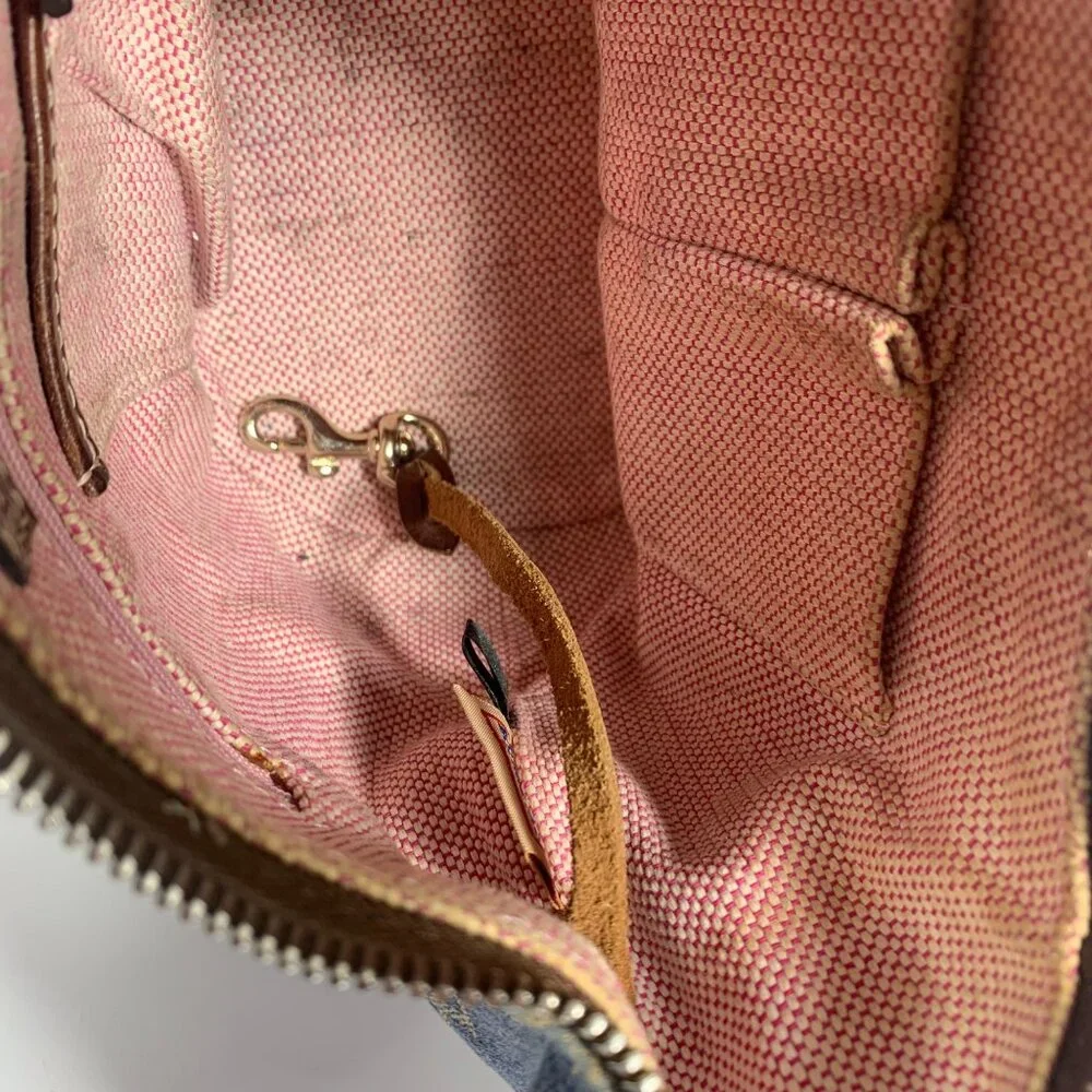 Dooney Bourke Blue Denim Jeans DB Logo Brown Leather Mini Hobo Bag Vintage Y2K